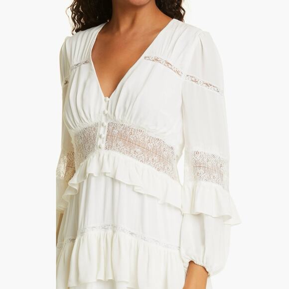 EUC Cinq à Sept Sanya Dress Ivory 100% Silk Tiered Mini Dress Size 6 Ruffle Lace - Picture 2 of 16